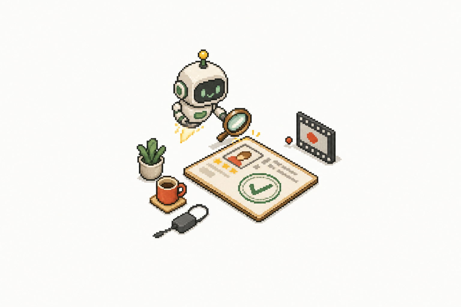 Pixel-art agent verifying a review with a magnifying glass while the session records